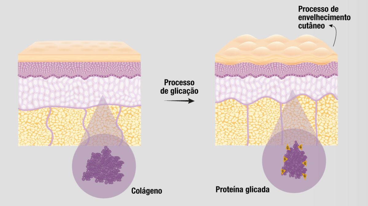 Imagem mostrando o processo de glicação da pele