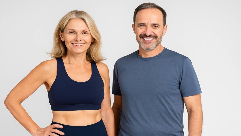 Homem e mulher felizes com o próprio corpo após os 40 anos. Saiba como.