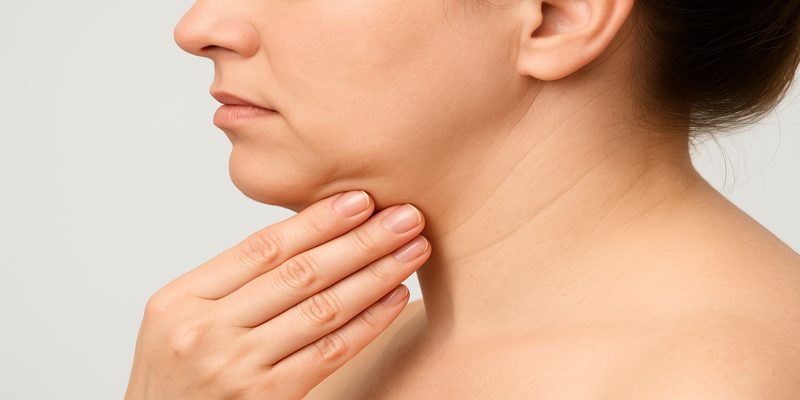 Mulher incomodada com volume na região do pescoço