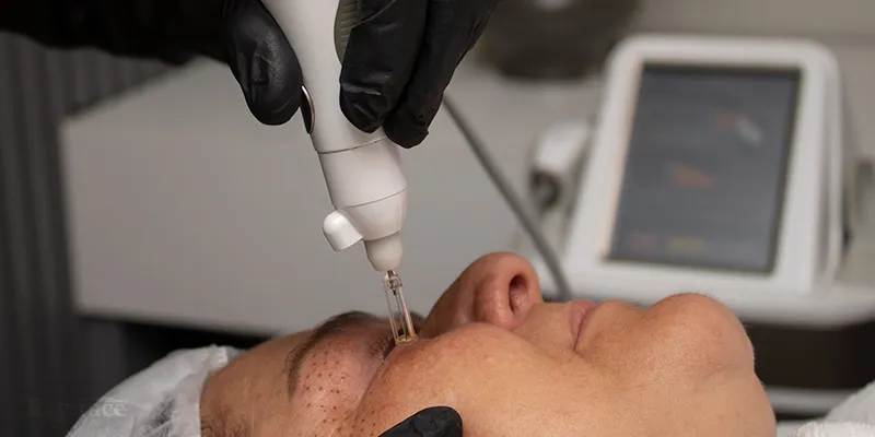 Mulher fazendo o tratamento com o Raytrace para rejuvenescimento da pele do rosto
